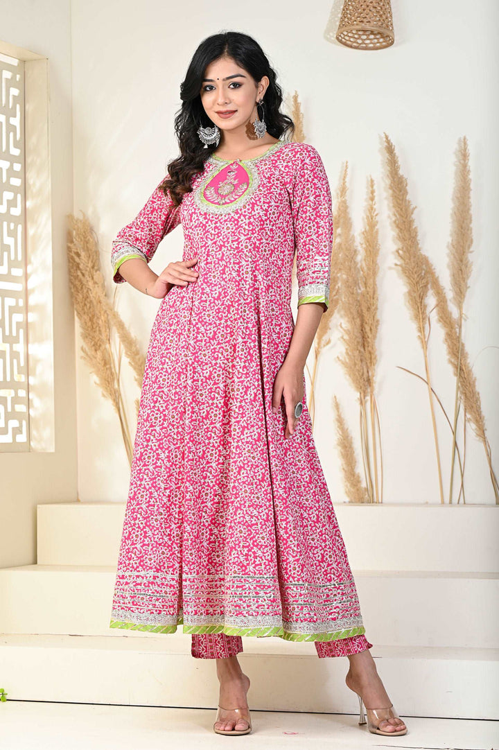 Pink Batik Printed  Anarkali suit set (set of 3 )